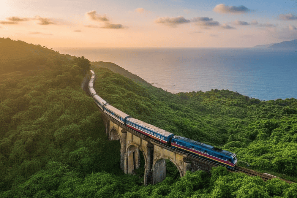 Experiencing Hai Van Pass by train offers a safe and budget-friendly option, allowing travelers to admire the vast blue ocean and breathtaking natural scenery (Source: Internet)